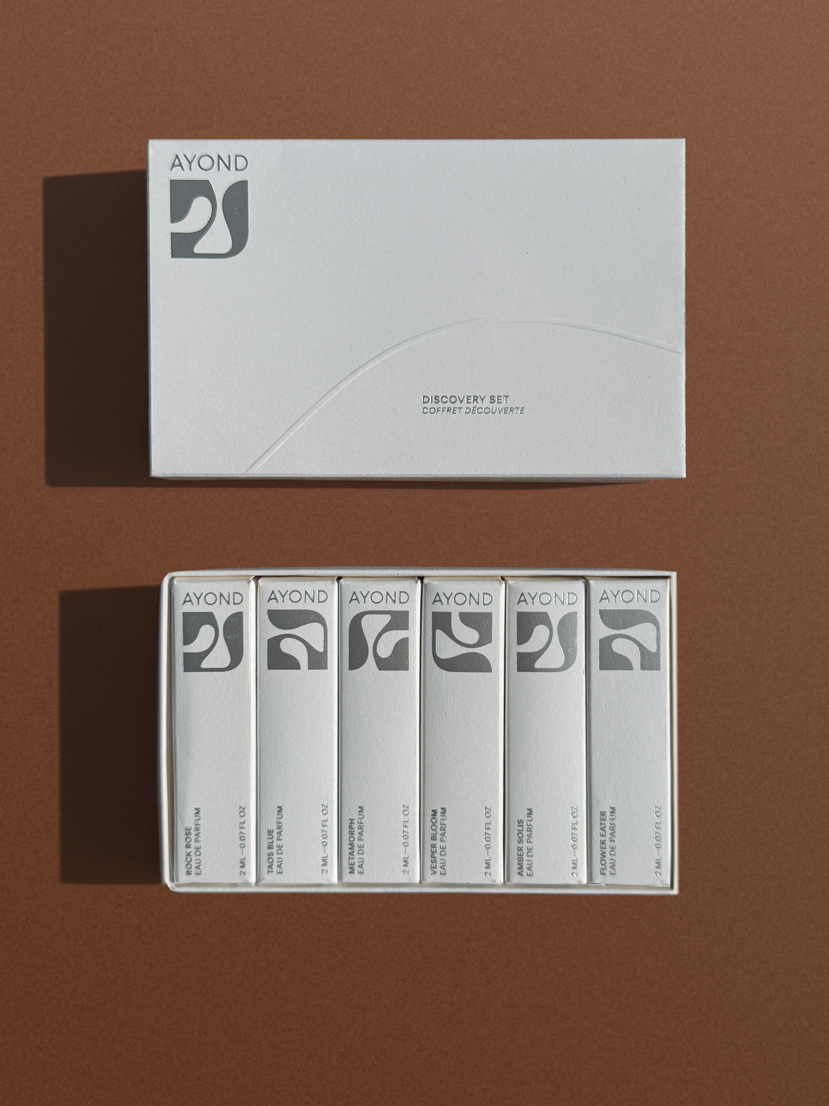 Ayond fragrance discovery set box and six 2 mL eau de parfum samples