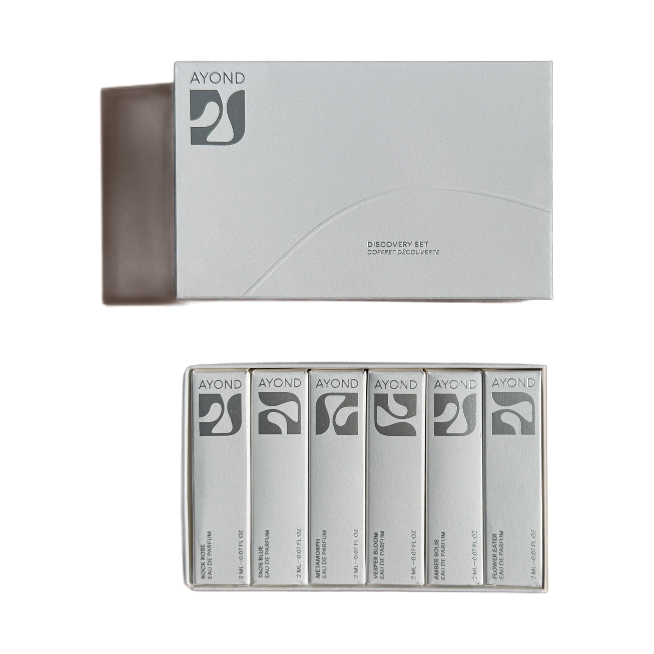 Ayond fragrance discovery set box and six 2 mL eau de parfum samples